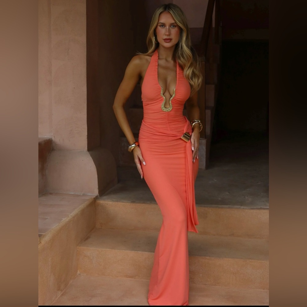 Elegant Coral Halter Maxi Dress